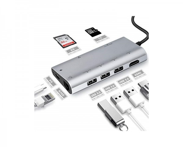 FAST ASIA Adapter-konvertor TIP C na 3xUSB3.0+HDMI 4K+2xSDMICRO+RJ45+TIP C IT KOMPONENTE I PERIFERIJA